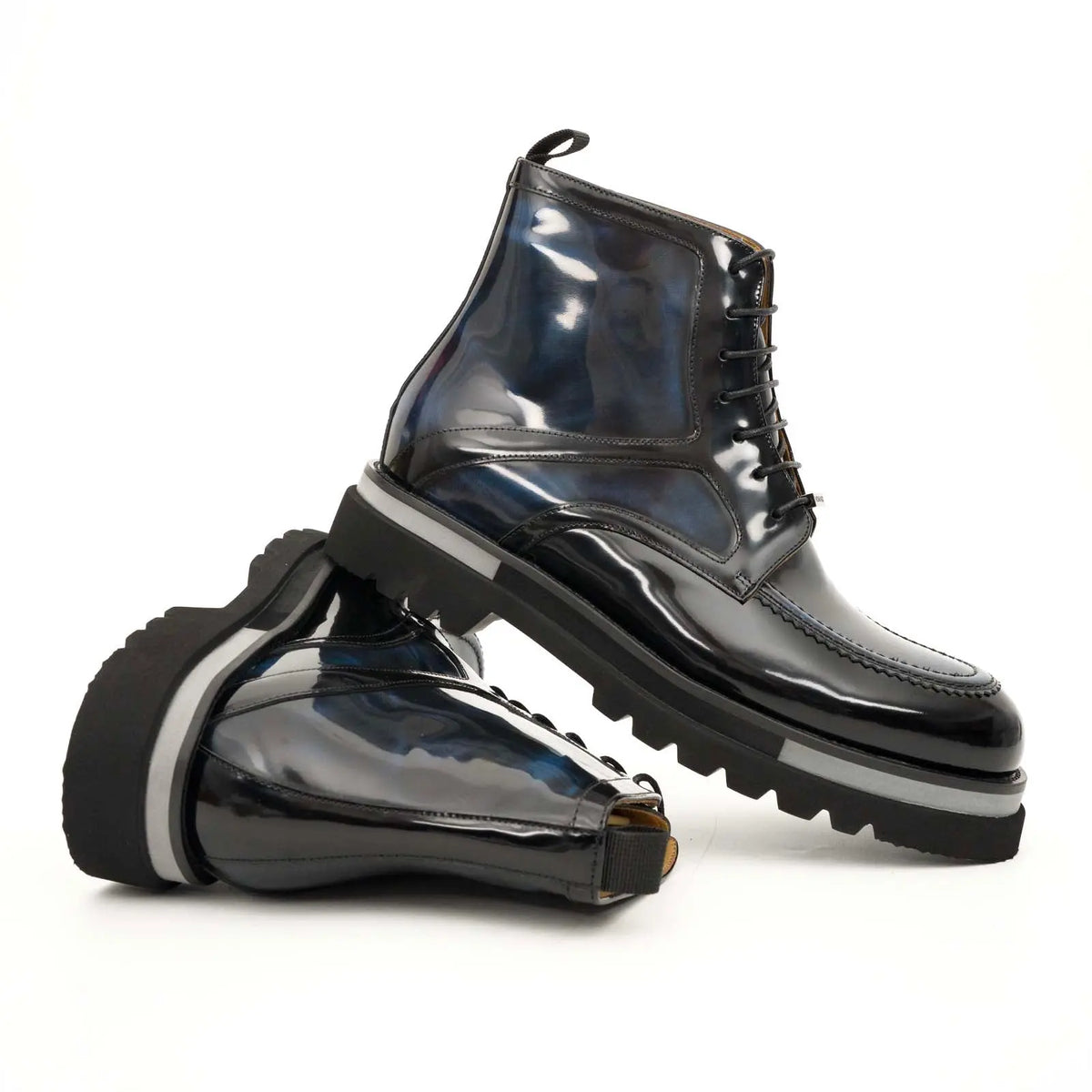 Black BLUE Patent Leather Lace-Up Boots DIVINCH