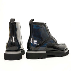 Black BLUE Patent Leather Lace-Up Boots DIVINCH