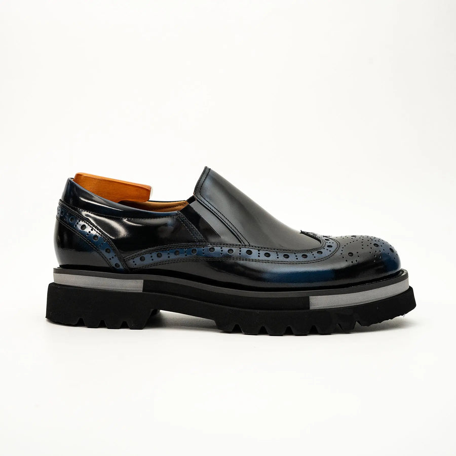 Black-Blue Brogue Lug-Sole Loafer DIVINCH