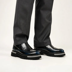 Black-Blue Brogue Lug-Sole Loafer on-foot studio view