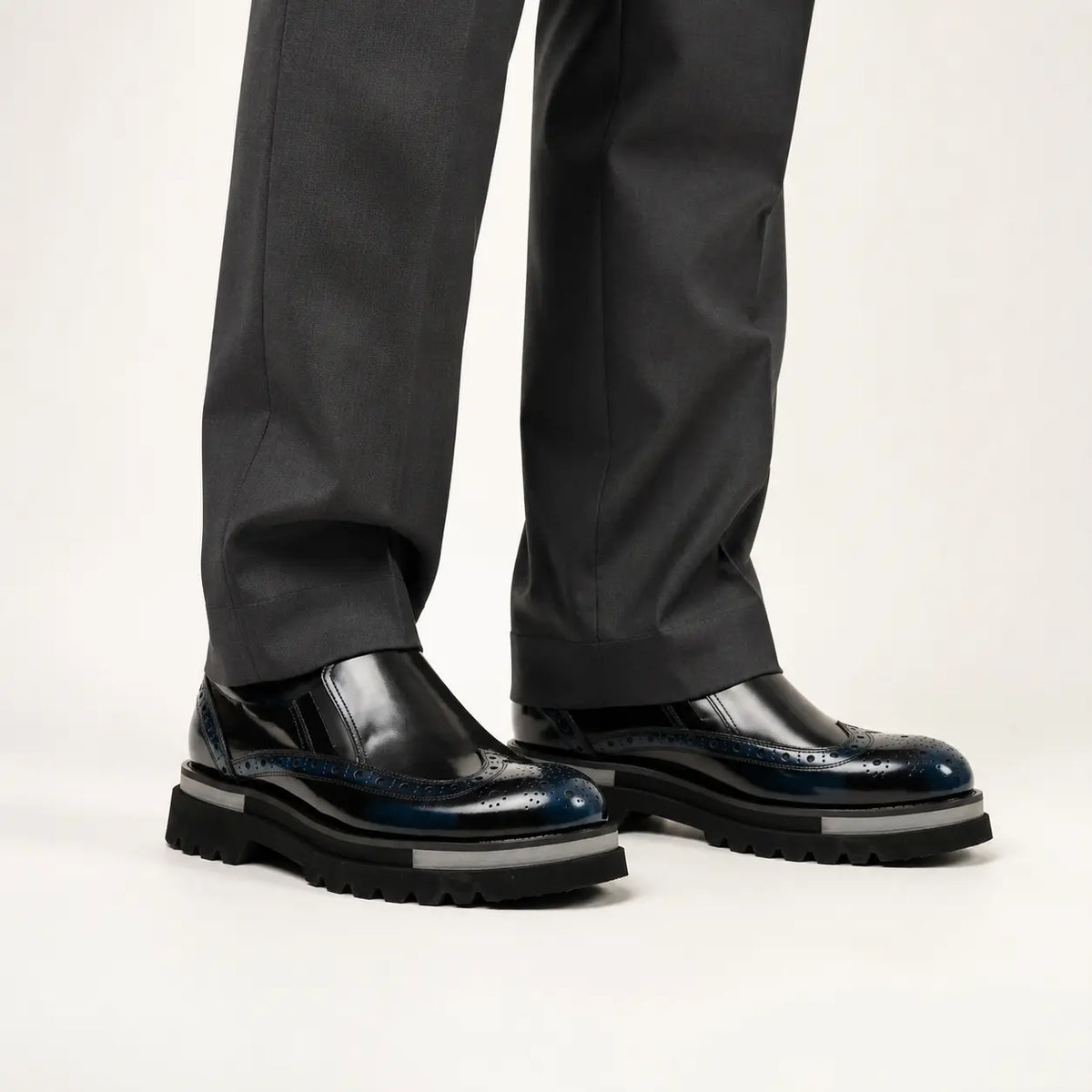 Black-Blue Brogue Lug-Sole Loafer on-foot studio view