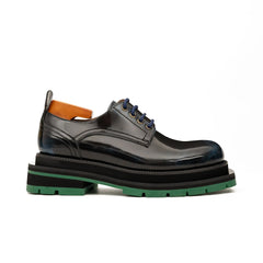 DIVINCH 8222KC-L black patent derby shoe side profile with green lug sole