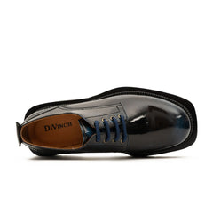 DIVINCH 8222KC-L black patent derby shoe top detail with tan lining and blue laces