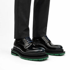 Black Blue Patent Derby with Green Lug Sole