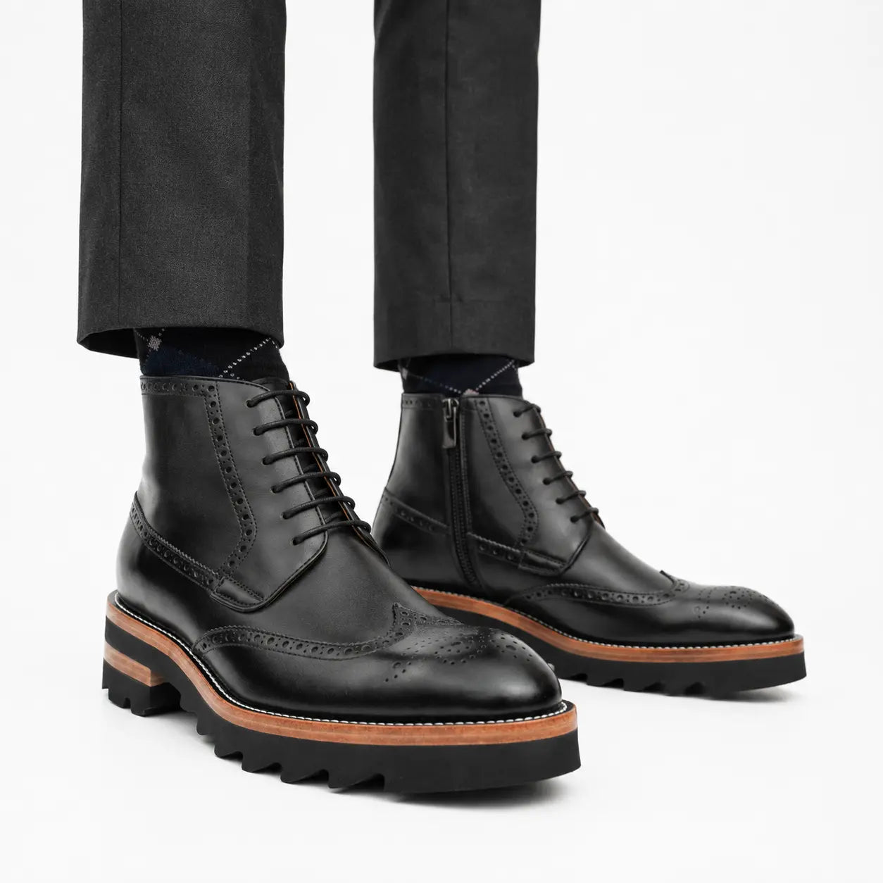 Black Brogue Lace-Up Boots with Lug Sole