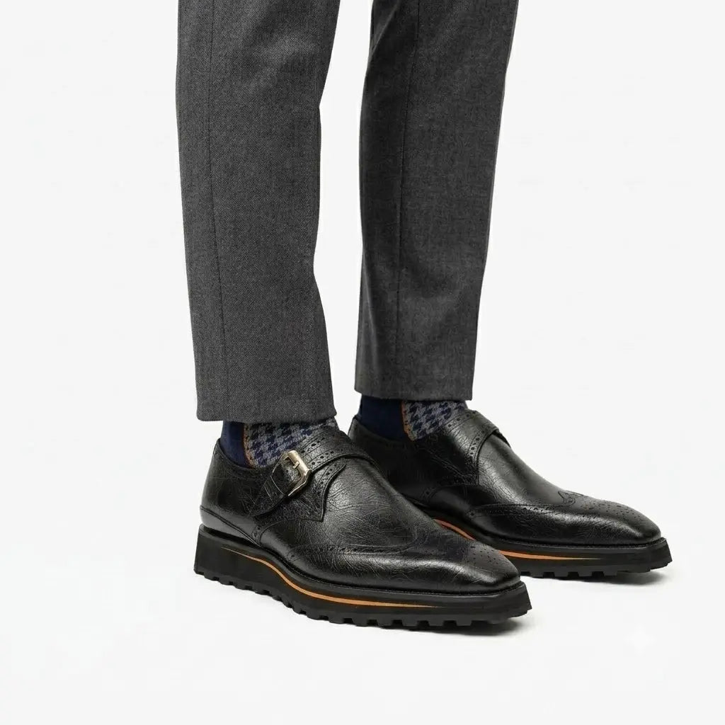 Black Brogued Monk Shoes with Lug Sole