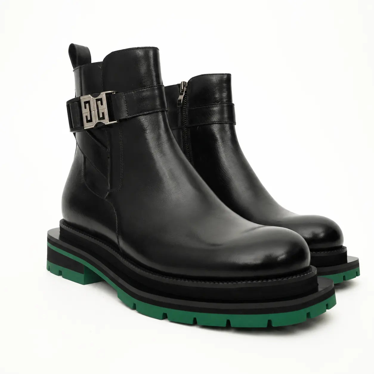 Black Buckle Boots Green Lug Sole DIVINCH