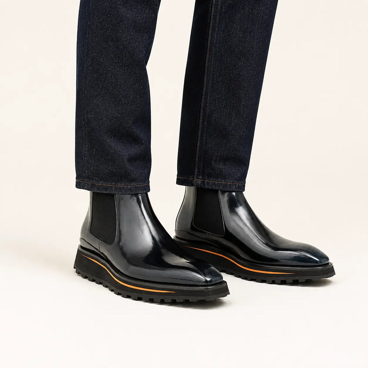 Black Blue Chelsea Lug Boot — on-foot studio view
