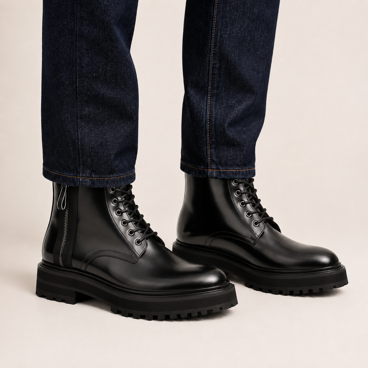Black Lug Sole Lace-Up Ankle Boot DIVINCH
