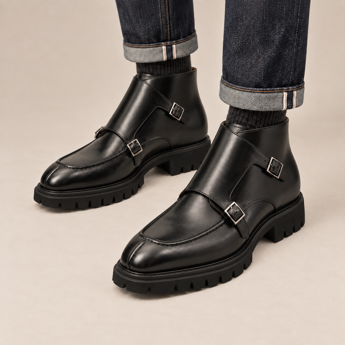 DIVINCH 6766B black lug sole double buckle monk ankle boots on foot