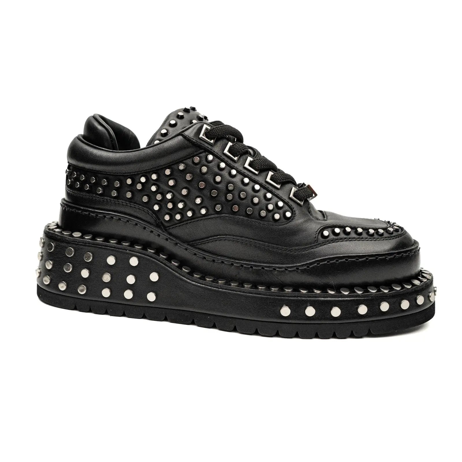 Black Calfskin Heavy Studded Platform Sneakers