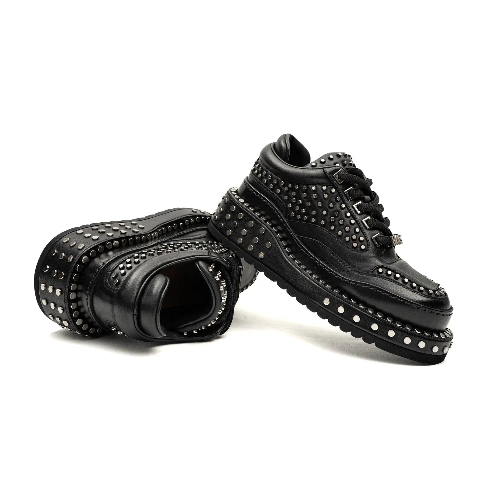 أحذية رياضية منصة ثقيلة المزينة بجلد العجل الأسود