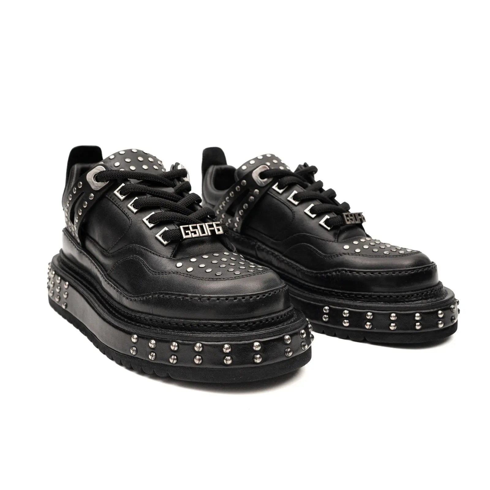 Black Calfskin Studded Platform Sneakers Divinch