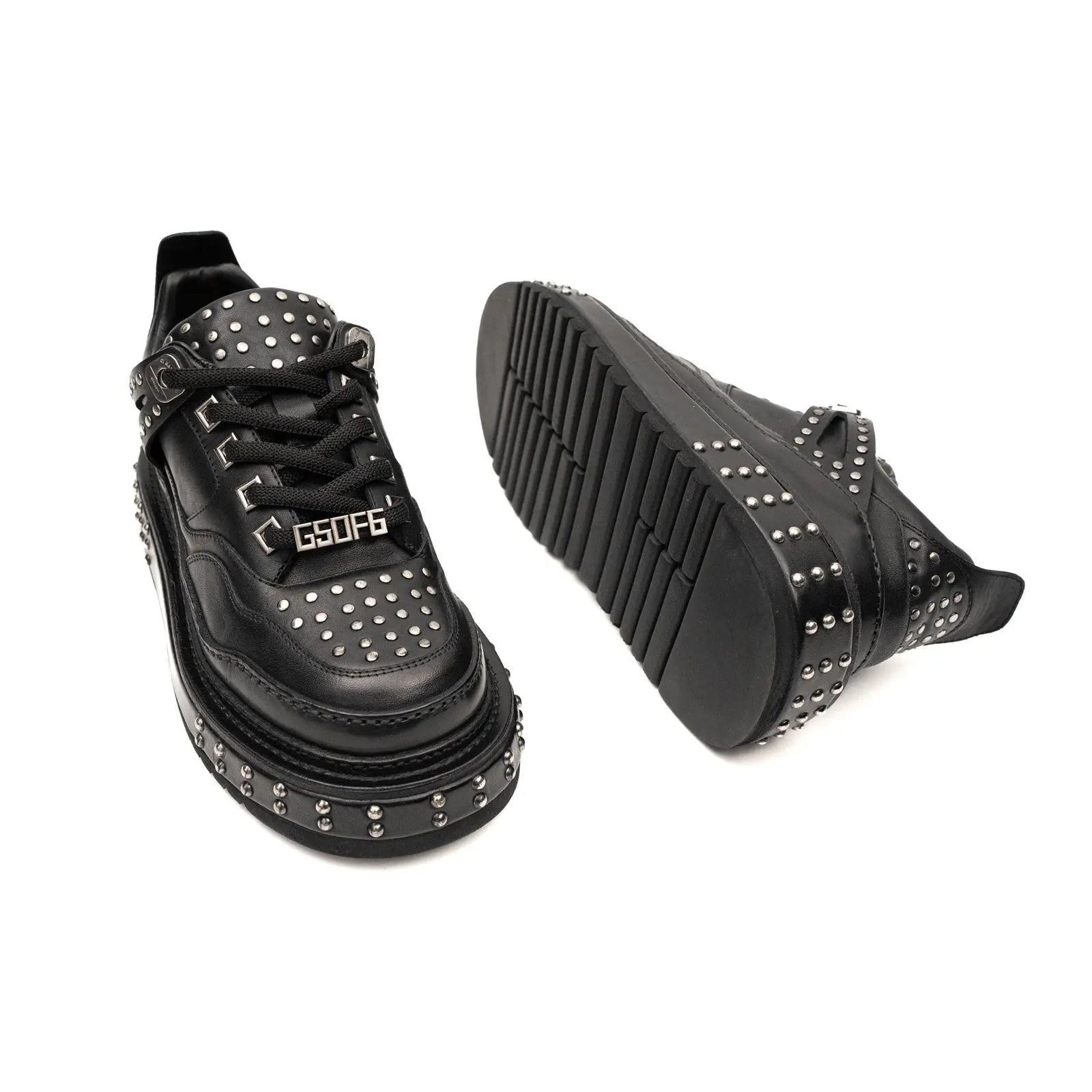 Black Calfskin Studded Platform Sneakers Divinch