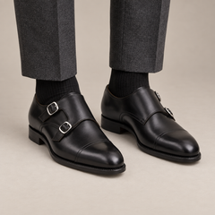 Black Cap-Toe Double Monk Strap Shoes with Polished Finish — DIVINCH hero image