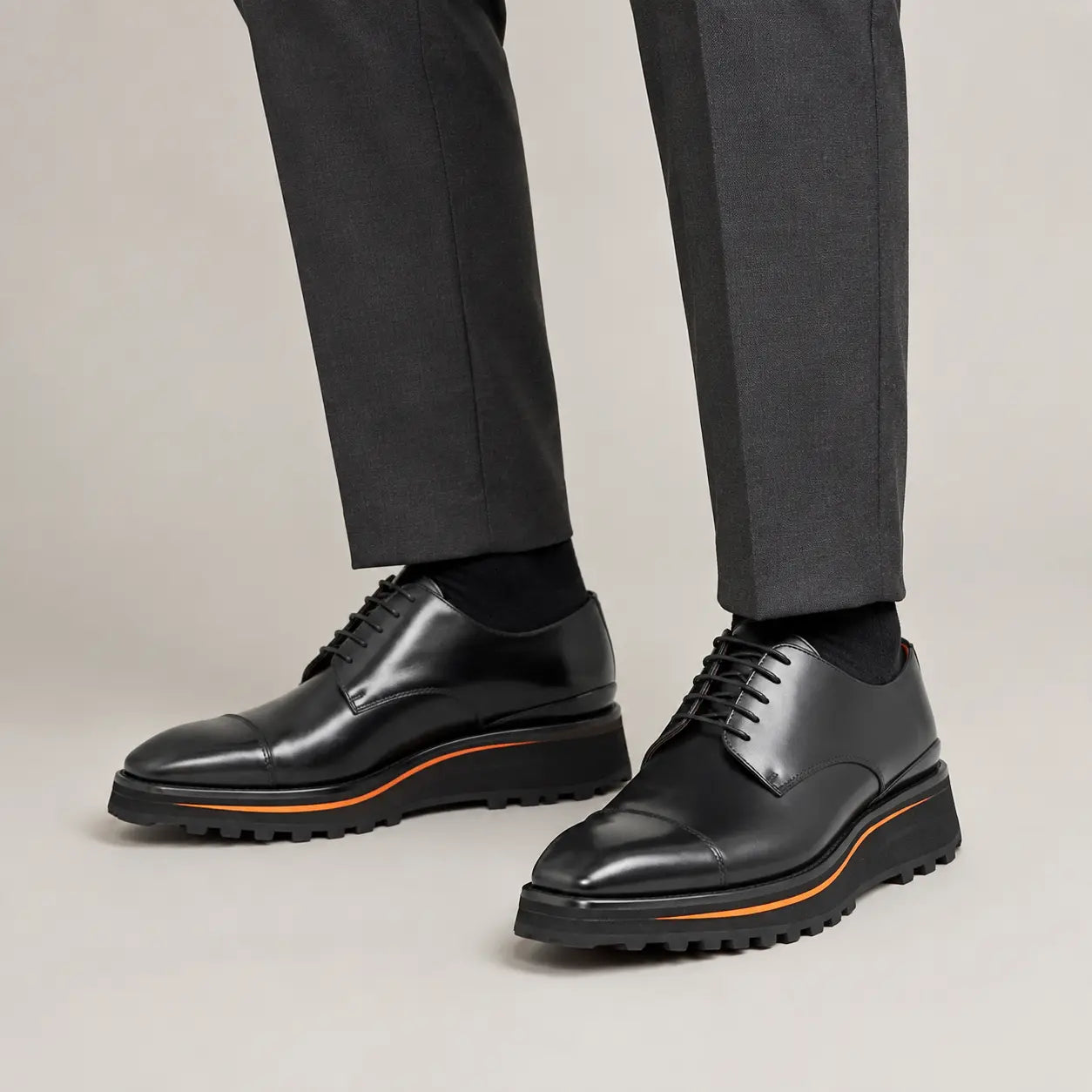 Black Cap-Toe Derby Lug on-foot product photo