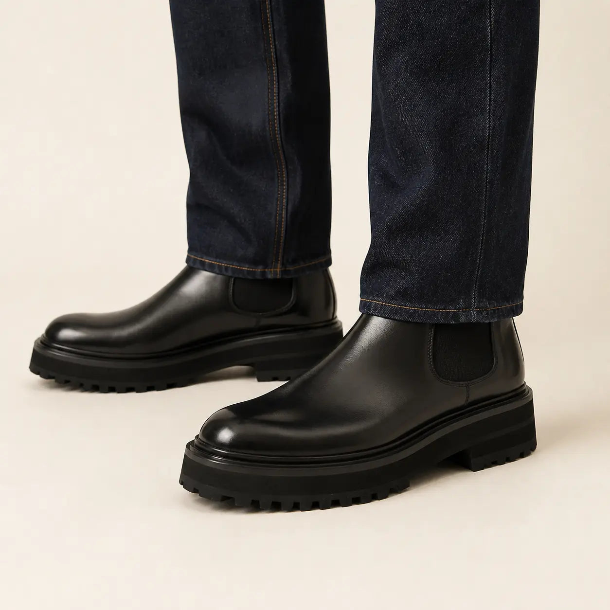 Black Chelsea Boots with Contrast Lug Sole worn with raw indigo denim