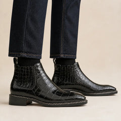 DIVINCH black crocodile Chelsea boot worn on foot
