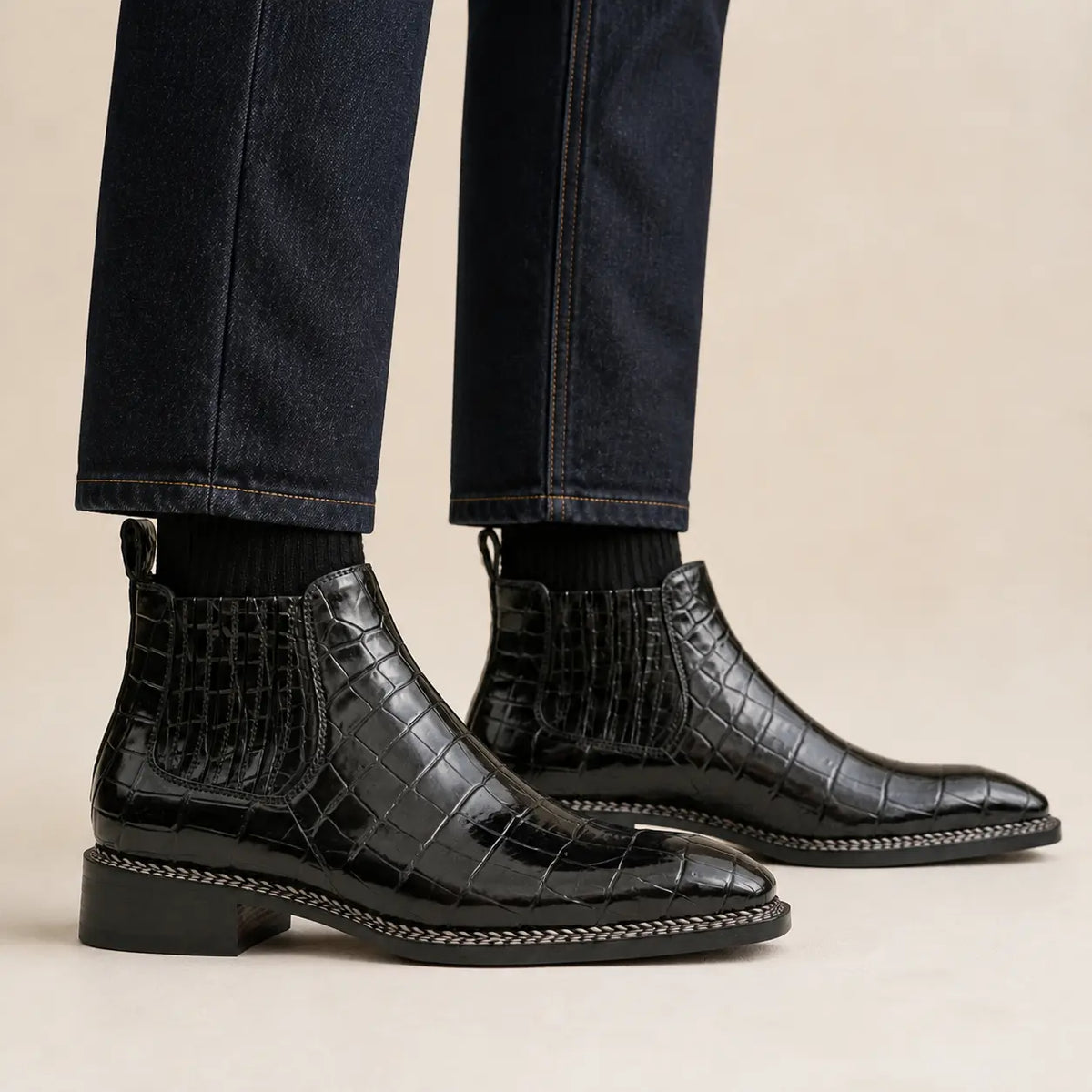 DIVINCH black crocodile Chelsea boot worn on foot