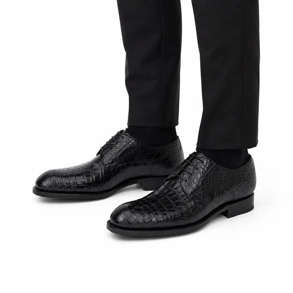 Zapatos Derby para hombre en piel de cocodrilo negra