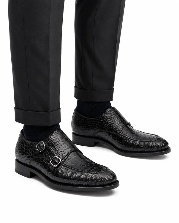 Zapatos de Doble Hebilla en Piel de Cocodrilo Negro para Hombre