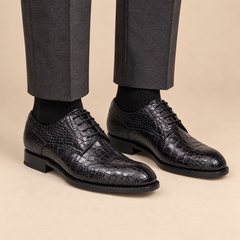 Black Round-Toe Derby Shoes with Scale-Pattern Texture