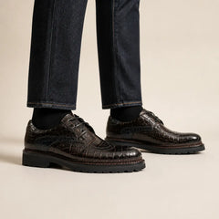 Crocodile Norwegian welt Derby shoes on foot