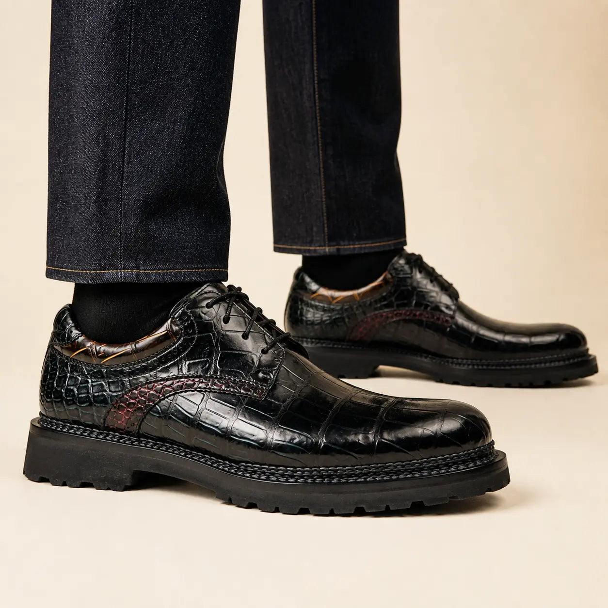 DIVINCH black embossed leather lug Derby worn on foot