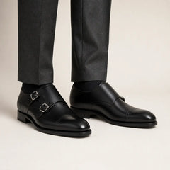 Black Double Monk Strap — on-foot studio view
