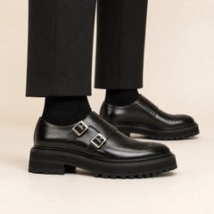 DIVINCH Black Double Monk Strap Lift Shoe on foot — warm studio side profile