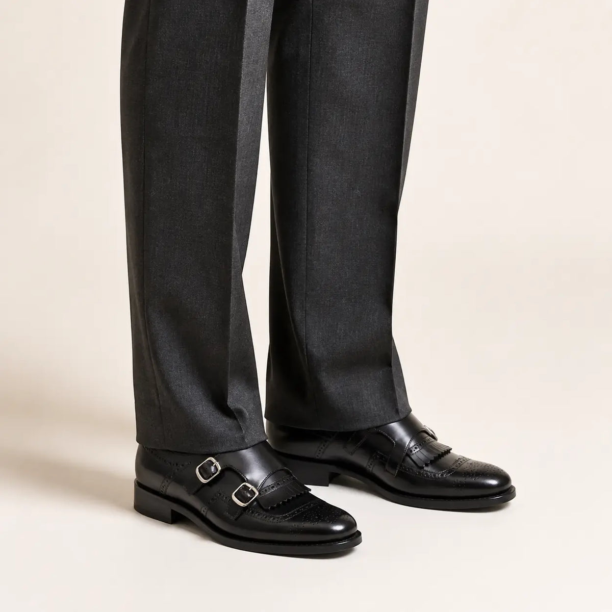 DIVINCH Black Double Monk Strap Shoe — on-foot studio view