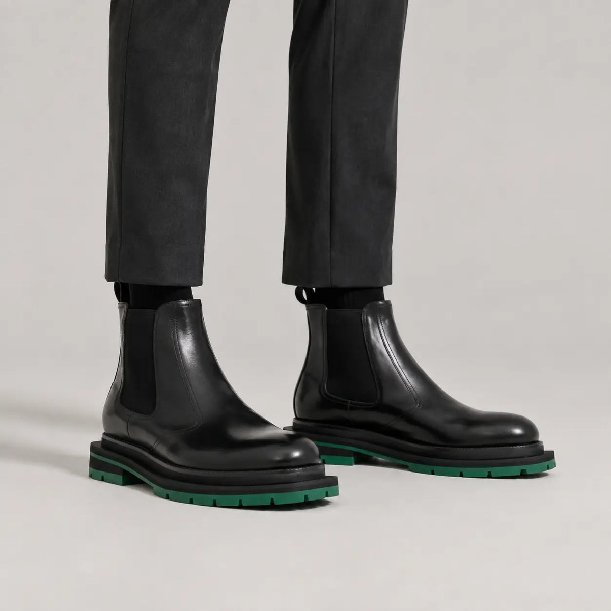 Black Green-Sole Chelsea Boots on-foot product photo