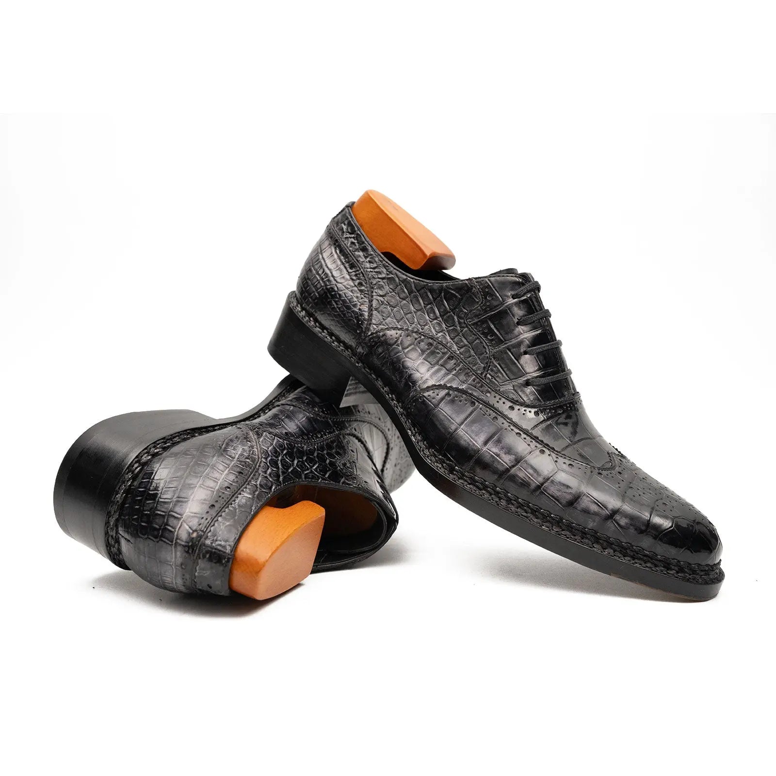 Black Grey Crocodile Oxford Shoes Goodyear Norwegian 8017 DIVINCH