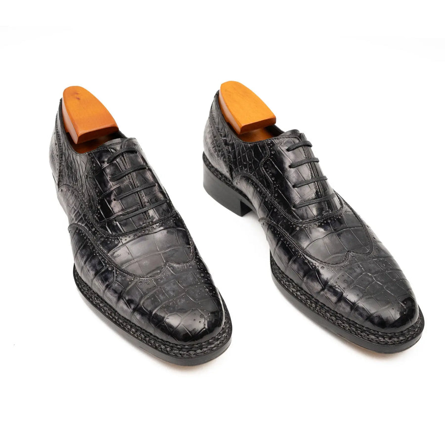 Sapatos Oxford Noruegueses de Couro de Crocodilo Preto e Cinza