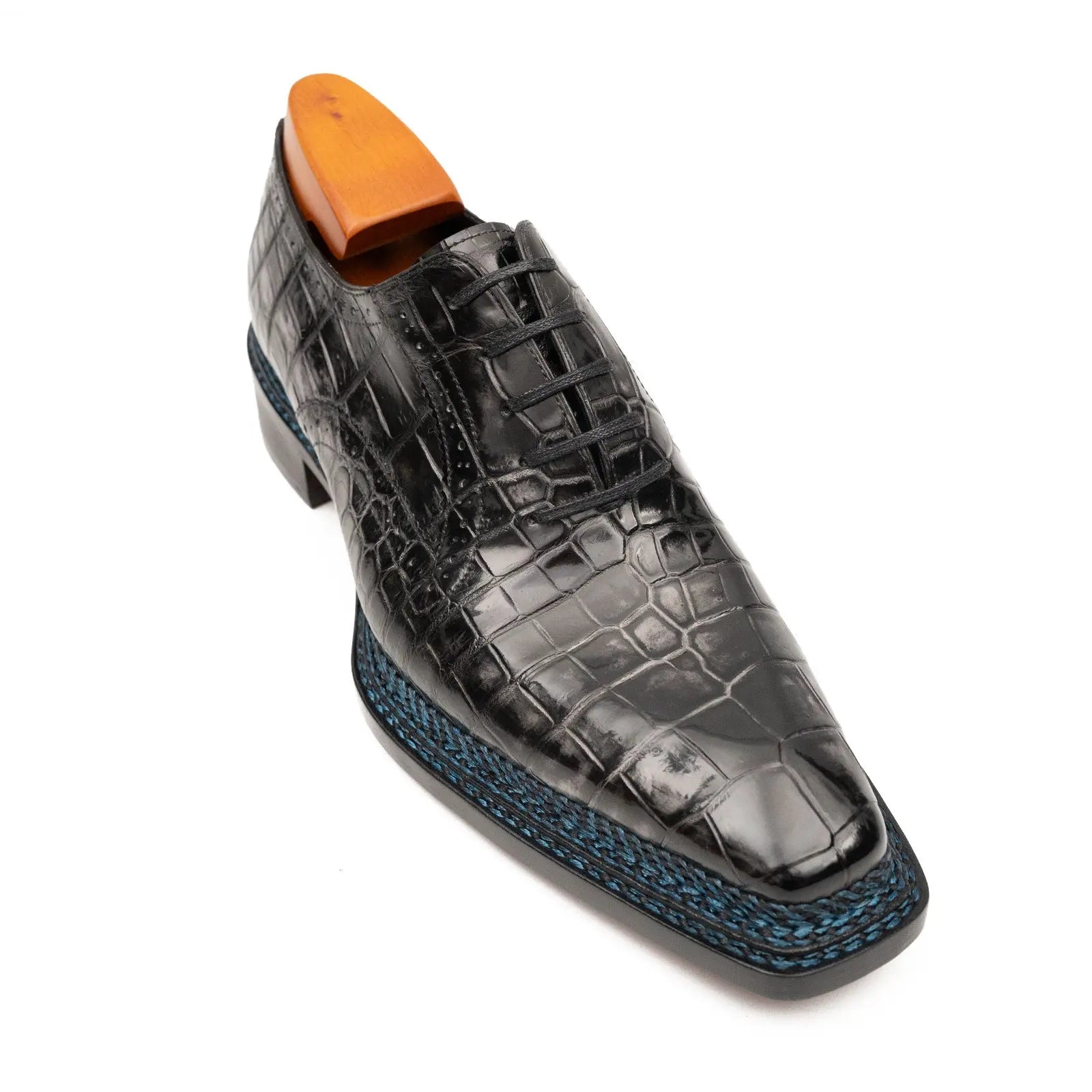 Black Grey Crocodile Oxford Shoes Goodyear Norwegian 8018 DIVINCH