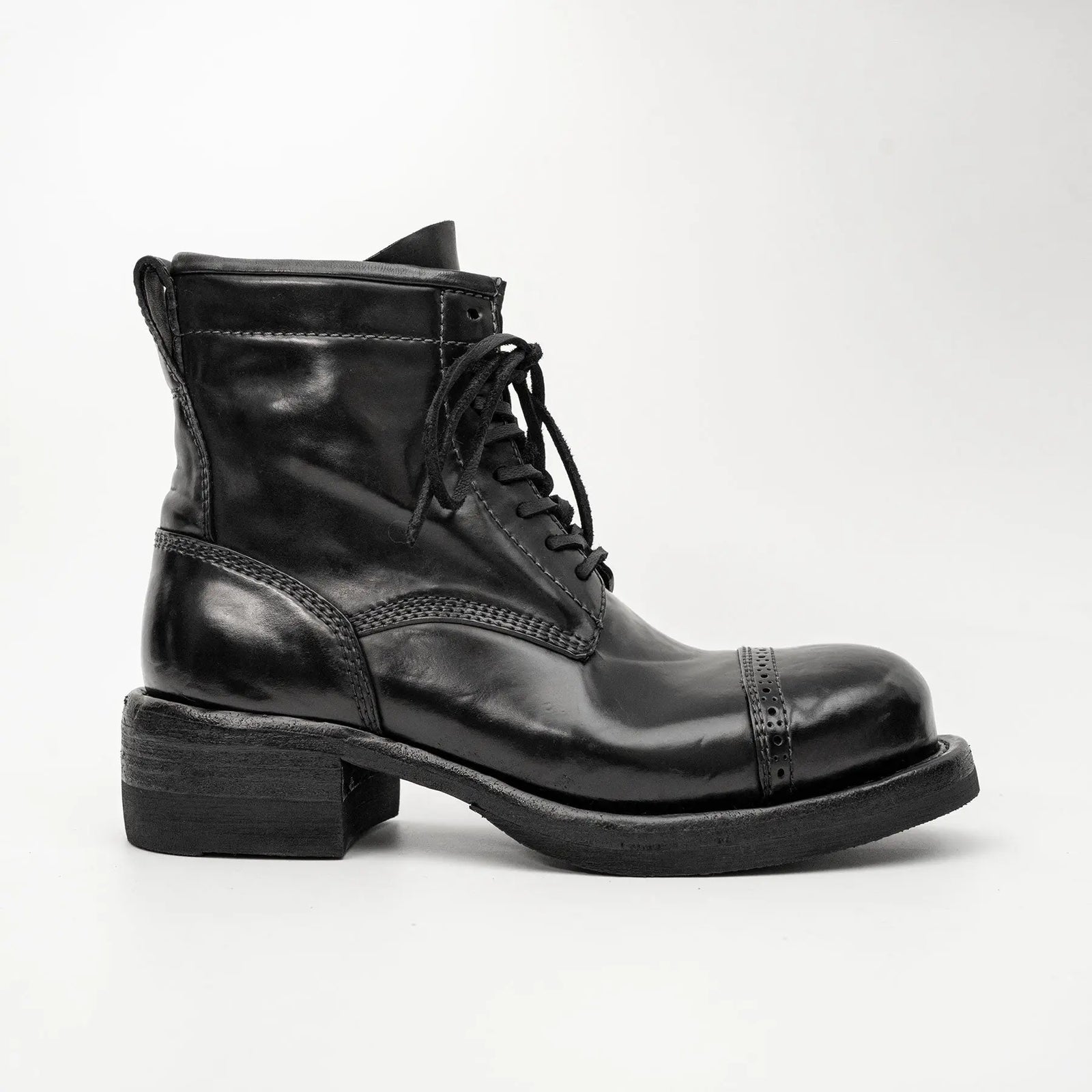 Black Horsehide Cap-Toe Combat Boots DIVINCH