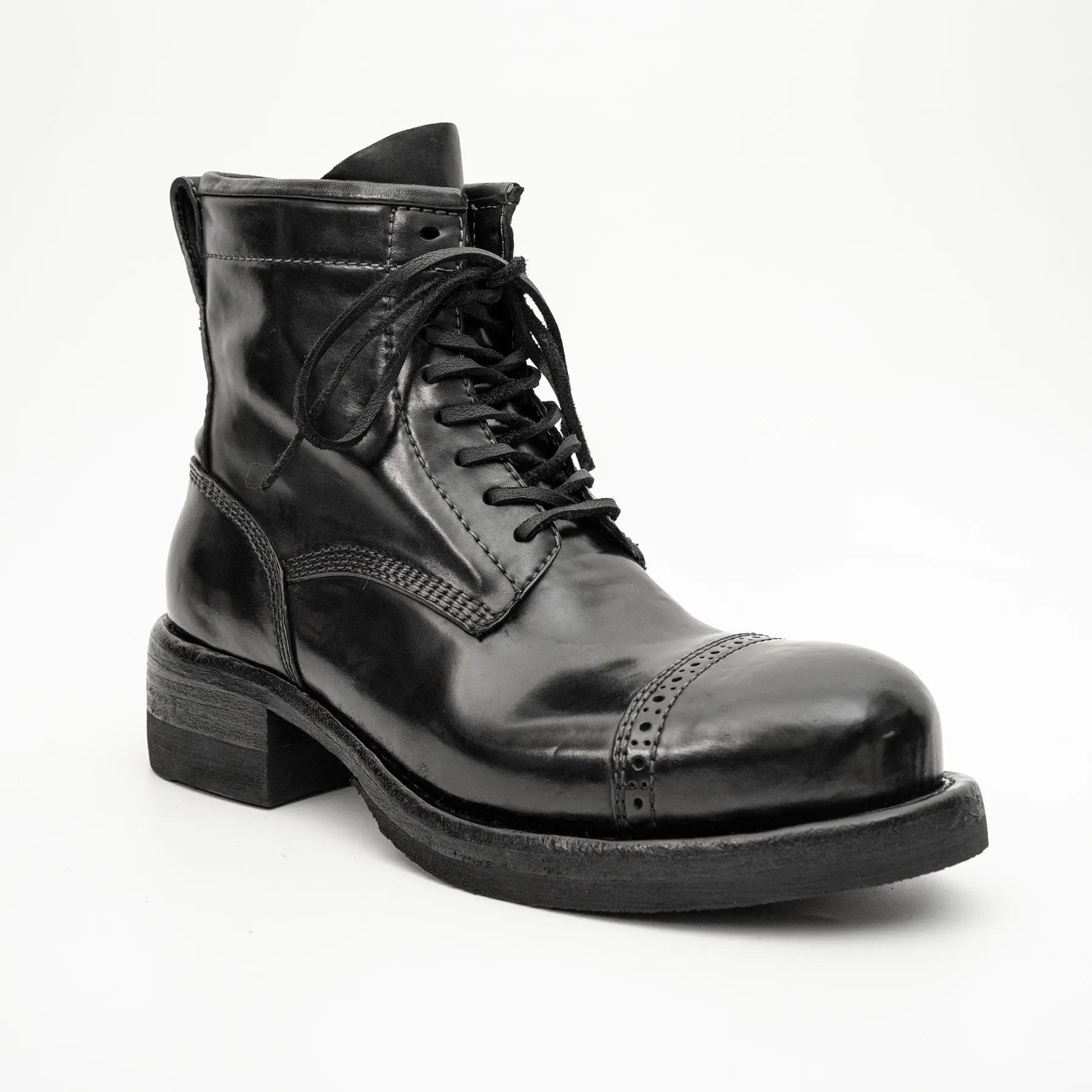 Schwarze Pferdeleder Cap-Toe Kampfstiefel