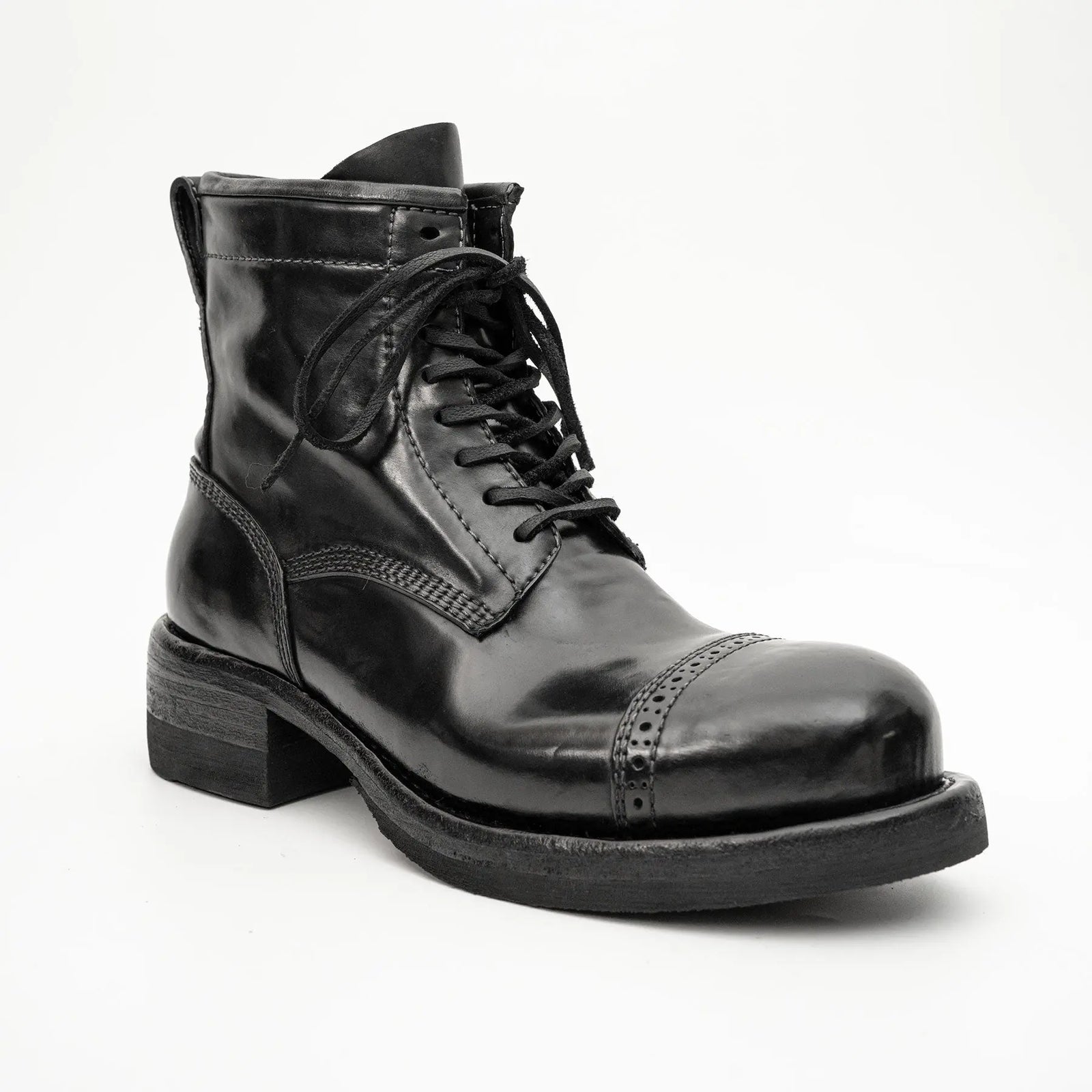 Black Horsehide Cap-Toe Combat Boots