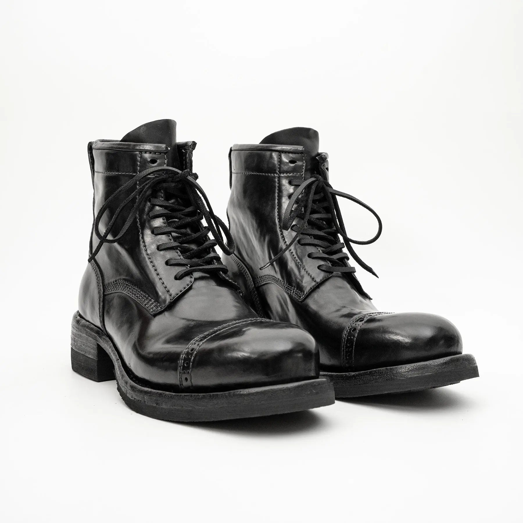 Schwarze Pferdeleder Cap-Toe Kampfstiefel