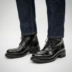 Black Horsehide Cap-Toe Combat Boots