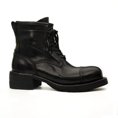 Black Horsehide Cap-Toe Combat Boots DIVINCH