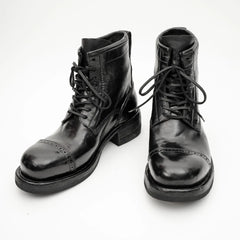 Black Horsehide Cap-Toe Combat Boots