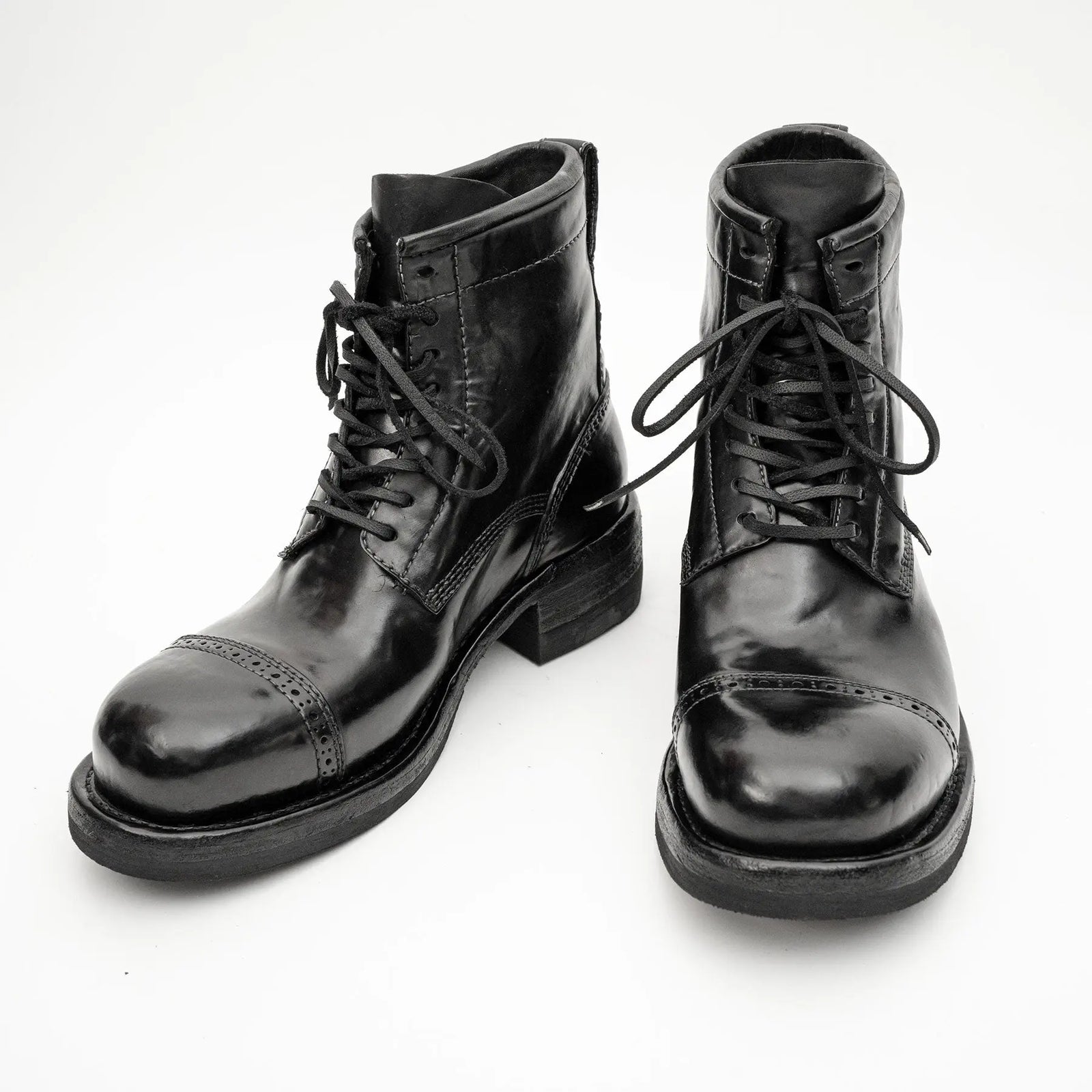 Black Horsehide Cap-Toe Combat Boots