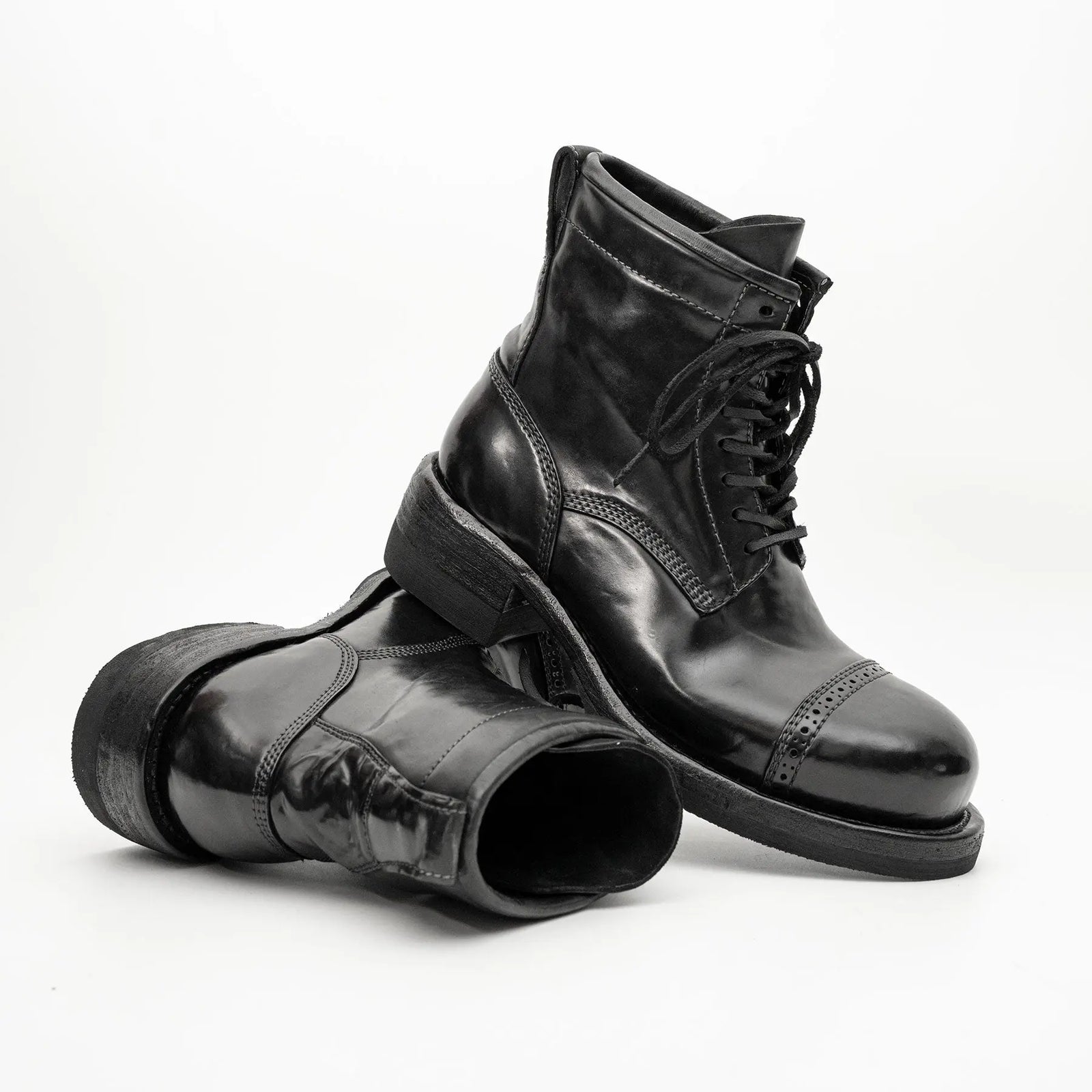 Black Horsehide Cap-Toe Combat Boots