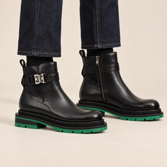 Black Glossy Platform Plain-Toe Buckle Ankle Boot DIVINCH