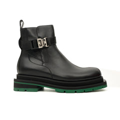 Black Glossy Platform Plain-Toe Buckle Ankle Boot DIVINCH