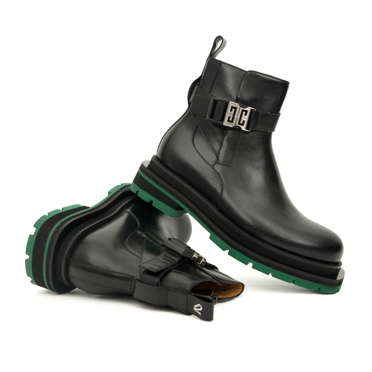 Black Glossy Platform Plain-Toe Buckle Ankle Boot DIVINCH