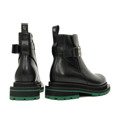 Black Glossy Platform Plain-Toe Buckle Ankle Boot DIVINCH