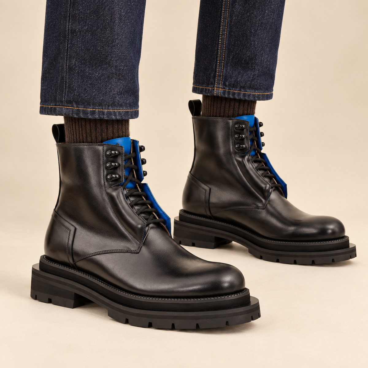 8227BB-H black and blue glossy plain-toe ankle boot — balanced on-foot hero