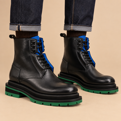 8227BB-L black and blue platform plain-toe ankle boot — balanced on-foot hero